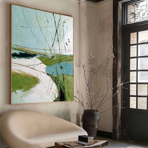VERDANT PATH: Textured Abstract Green and White Landscape Painting