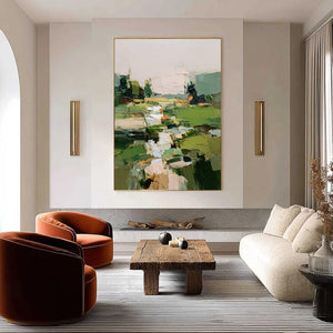 VERDANT PATH: Textured Abstract Landscape Oil Painting for Modern Home Decor