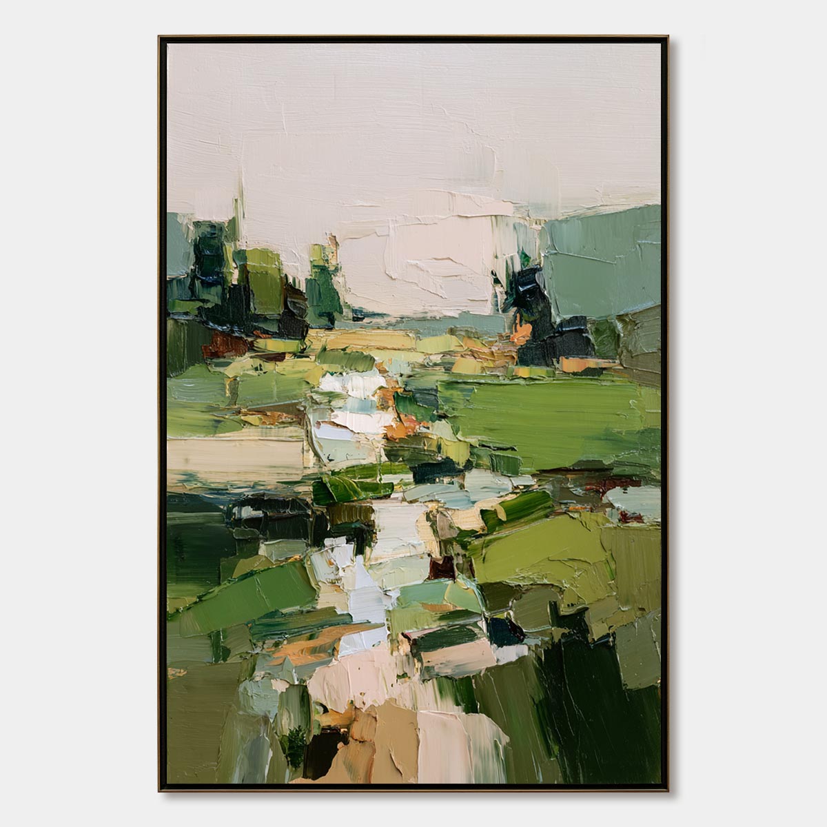 Verdant Path: Textured Abstract Landscape Oil Painting Wall Art