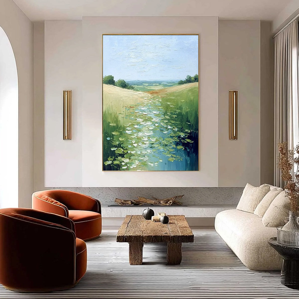 VERDANT PATH: Textured Impasto Landscape Painting of a Lilypad Stream