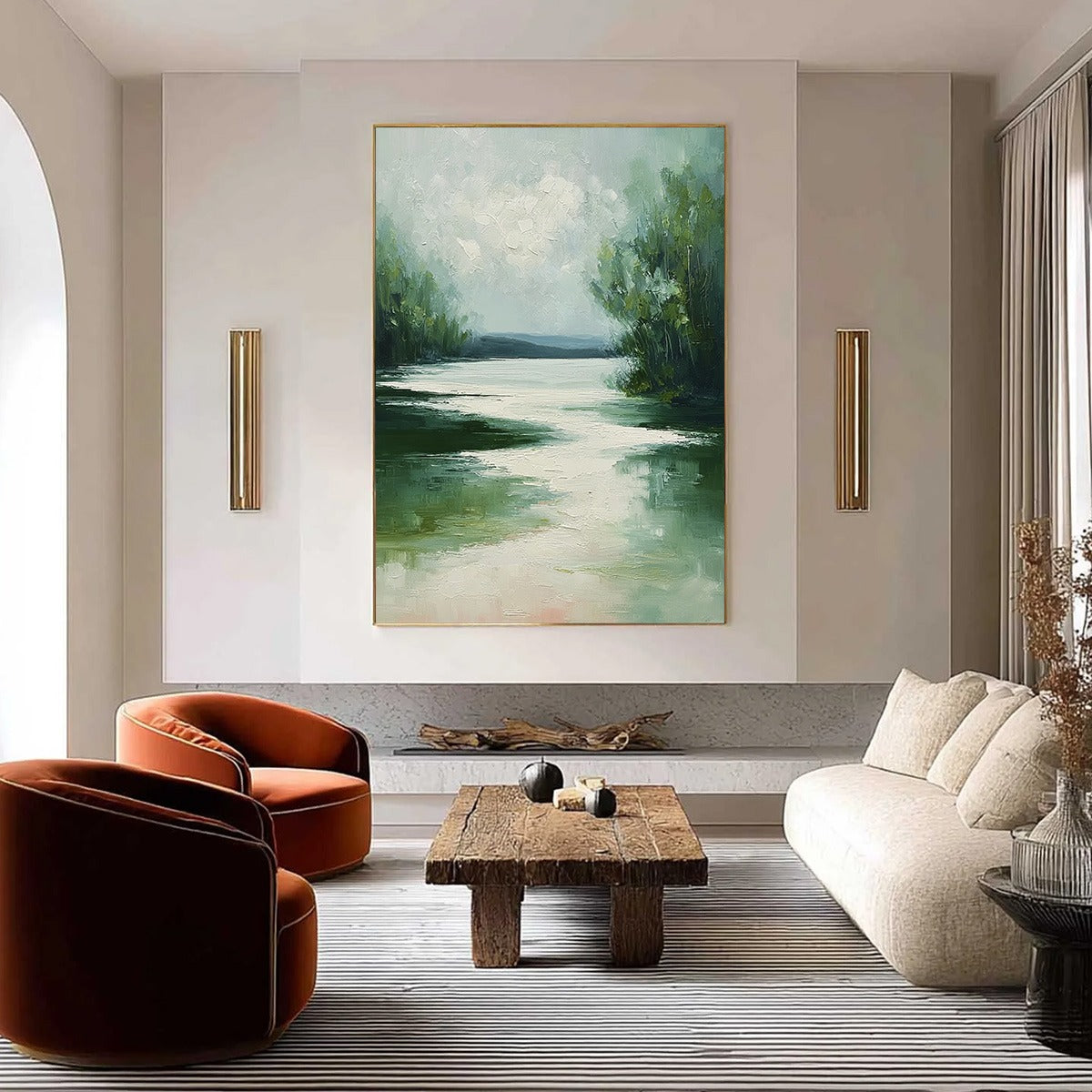 VERDANT REFLECTIONS: Textured Vertical Green Landscape Painting