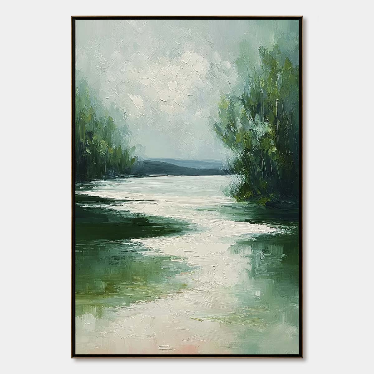 VERDANT REFLECTIONS: Textured Vertical Green Landscape Painting