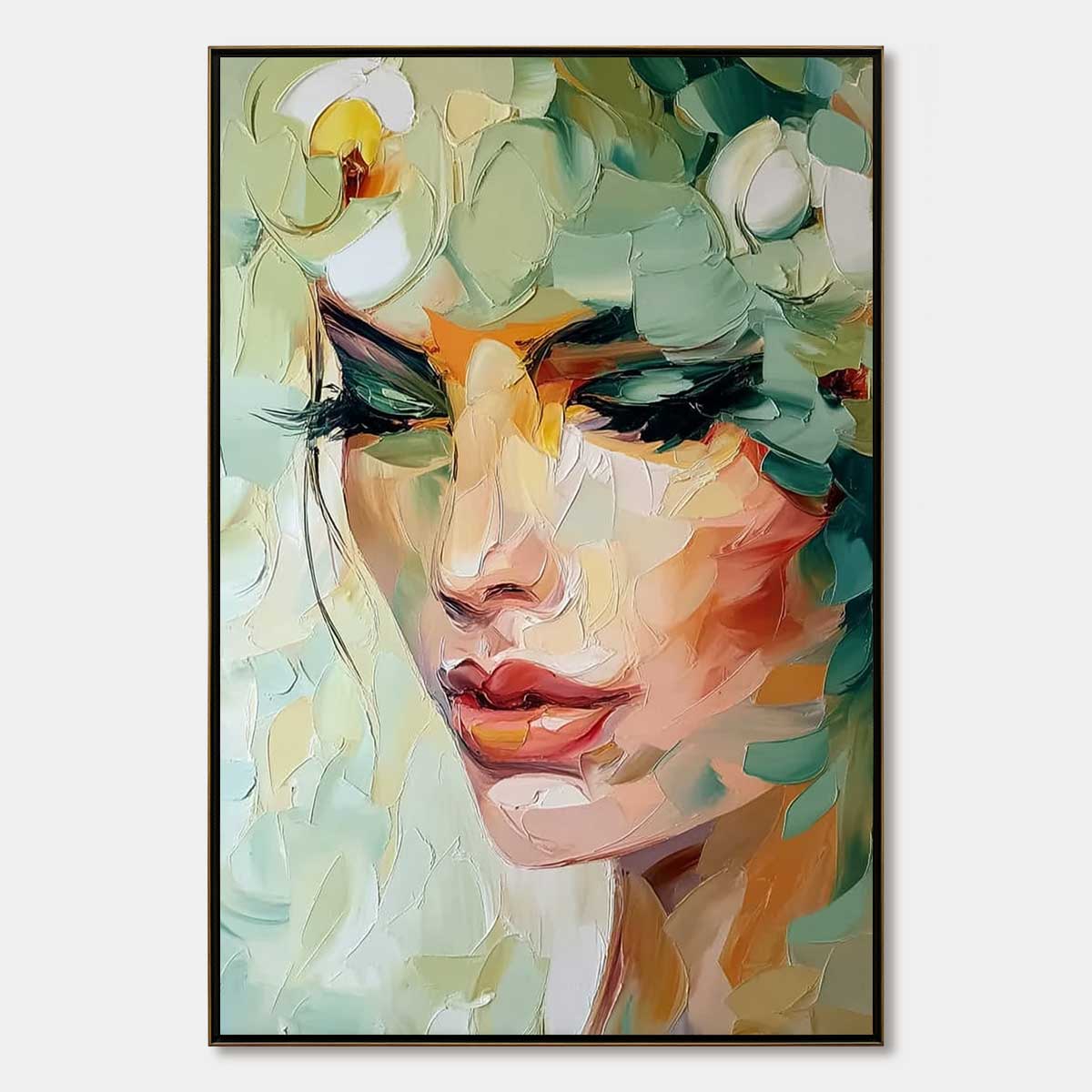 VERDANT REVERIE: Textured Palette Knife Portrait Oil Painting