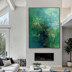 VERDANT SANCTUARY: Abstract Green Forest Landscape with Flying Birds