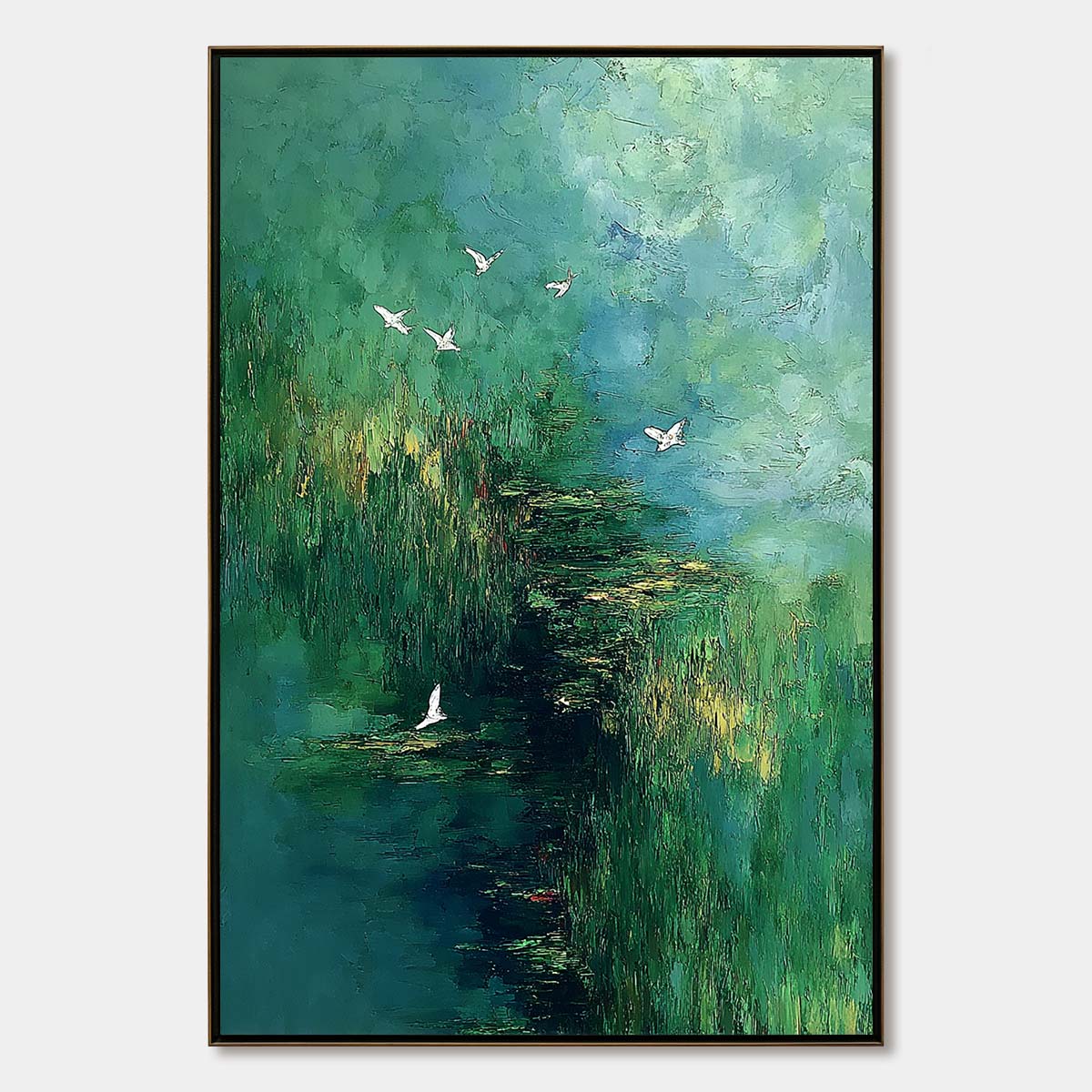 VERDANT SANCTUARY: Abstract Green Forest Landscape with Flying Birds