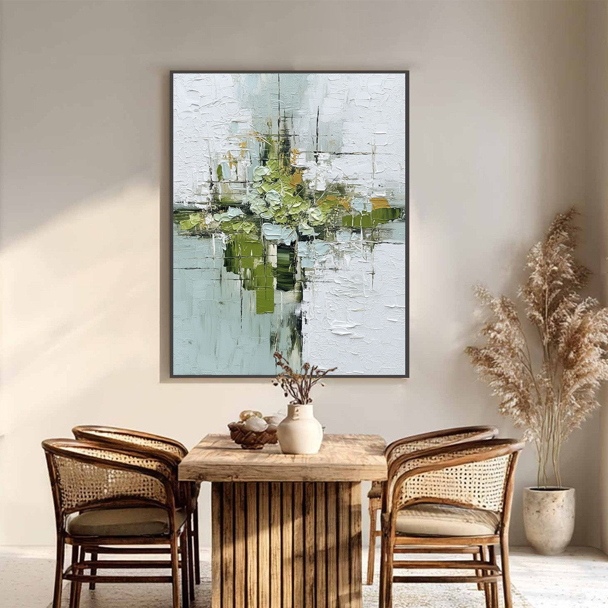 VERDANT SANCTUARY: Heavily Textured Abstract Green and White Painting