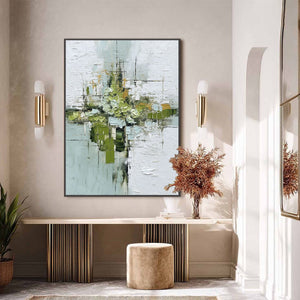 VERDANT SANCTUARY: Heavily Textured Abstract Green and White Painting