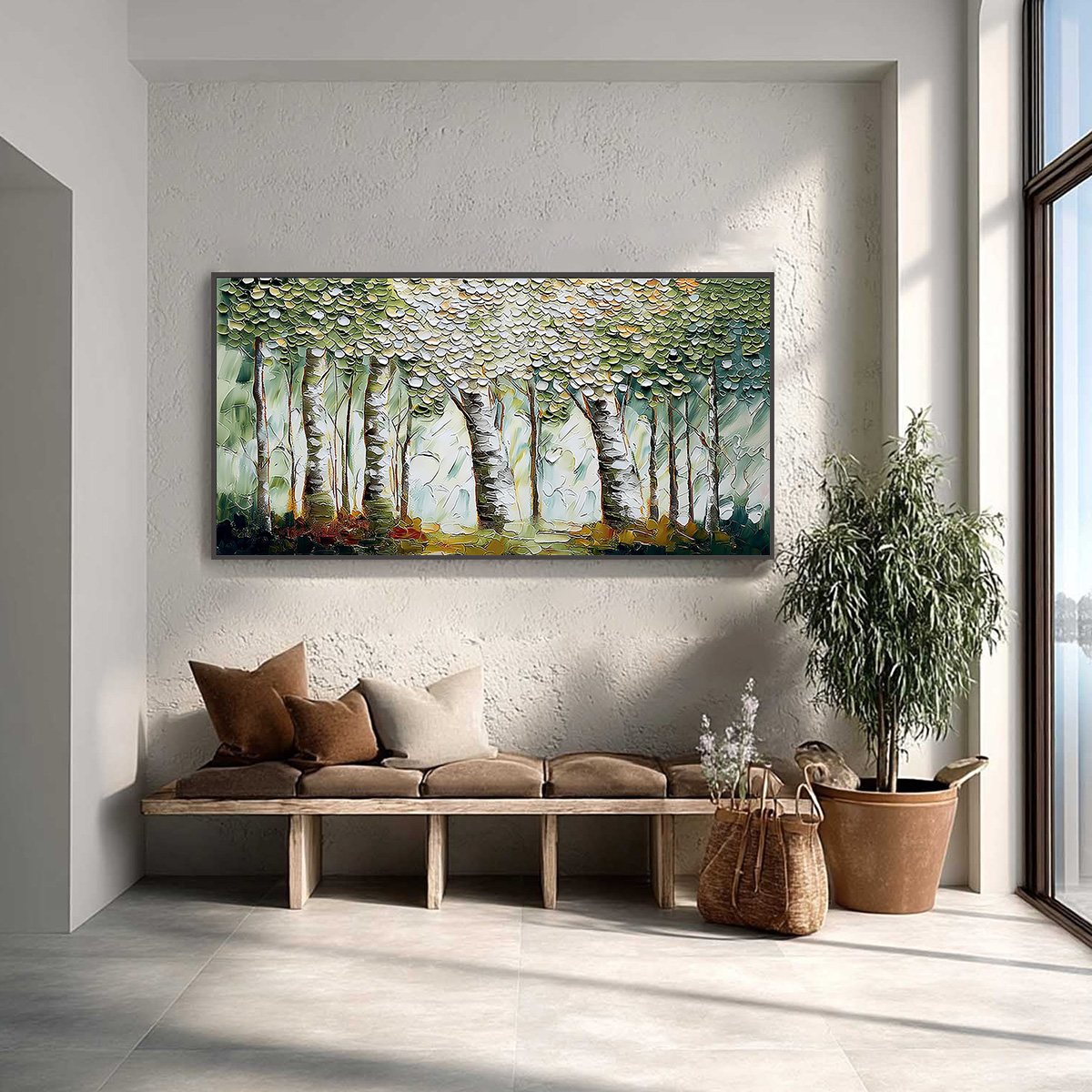 VERDANT SANCTUARY: Textured Impasto Birch Tree Forest Wall Art