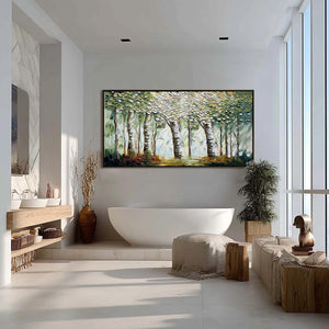 VERDANT SANCTUARY: Textured Impasto Birch Tree Forest Wall Art