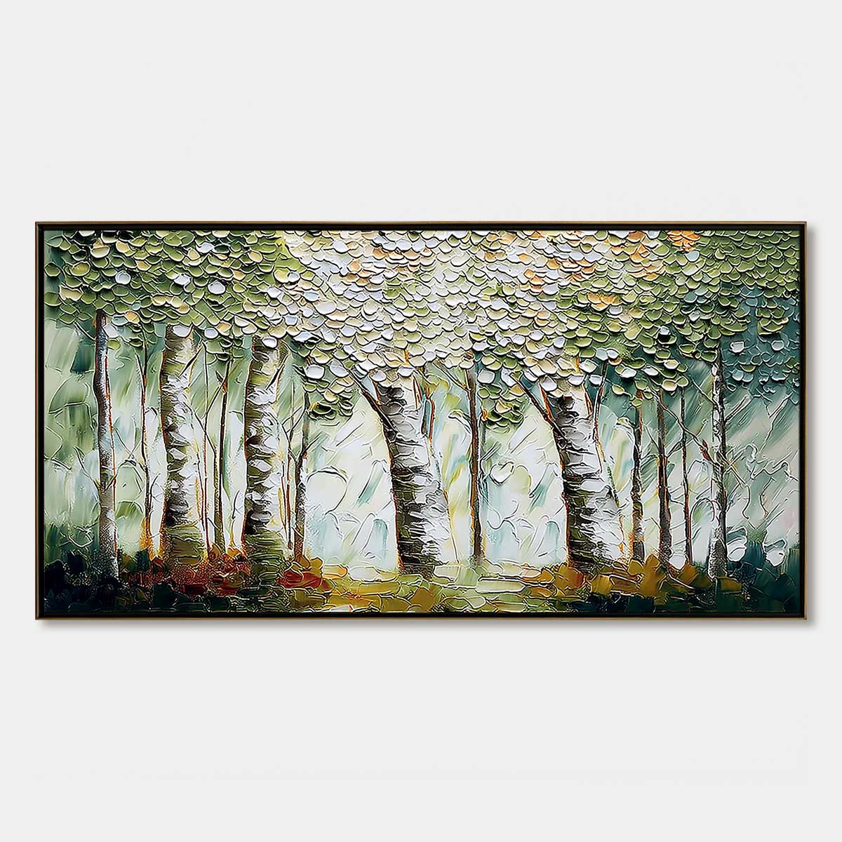 VERDANT SANCTUARY: Textured Impasto Birch Tree Forest Wall Art