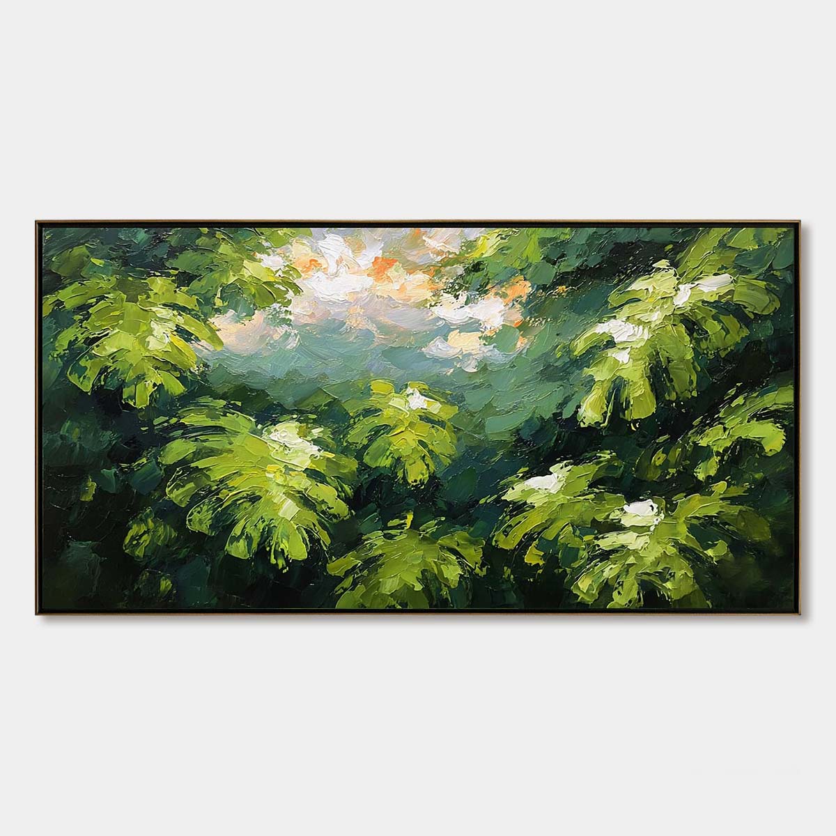 VERDANT SANCTUARY: Textured Impasto Painting of Sun-Kissed Jungle Leaves