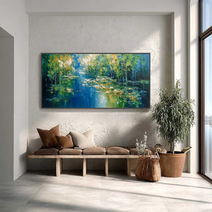 VERDANT SANCTUARY: Textured Palette Knife Forest Pond Landscape Painting