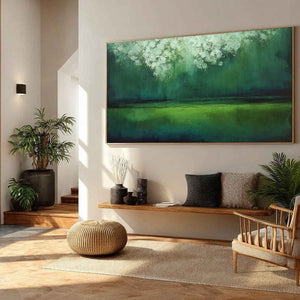 VERDANT STILLNESS: Large Green Abstract Landscape Texture Painting