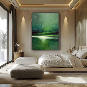 VERDANT STILLNESS: Textured Green Abstract Landscape Oil Painting