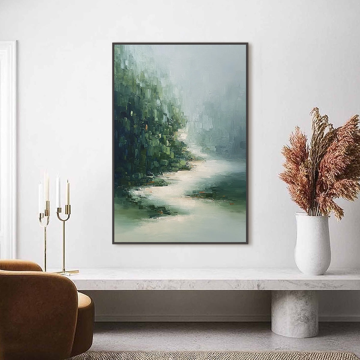 VERDANT WHISPER: Textured Wabi Sabi Forest & River Landscape Painting