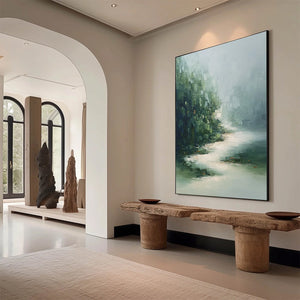 VERDANT WHISPER: Textured Wabi Sabi Forest & River Landscape Painting