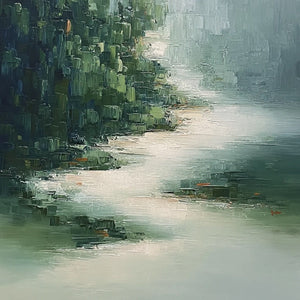 VERDANT WHISPER: Textured Wabi Sabi Forest & River Landscape Painting