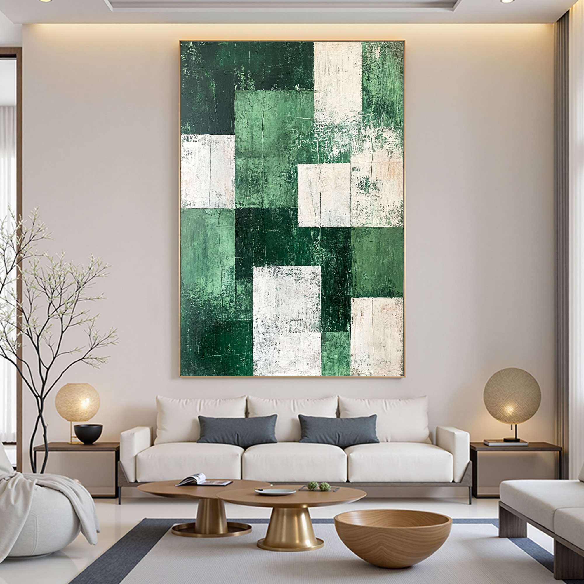 Verdant Blocks: Original Textured Abstract Oil Painting - Green White Impasto Vertical Wall Art