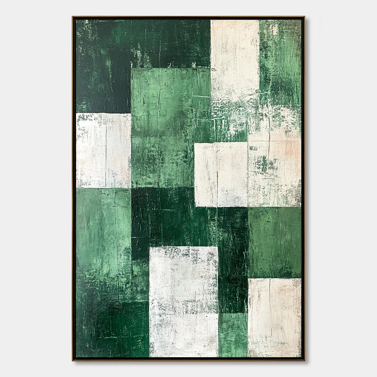 Verdant Blocks: Original Textured Abstract Oil Painting - Green White Impasto Vertical Wall Art