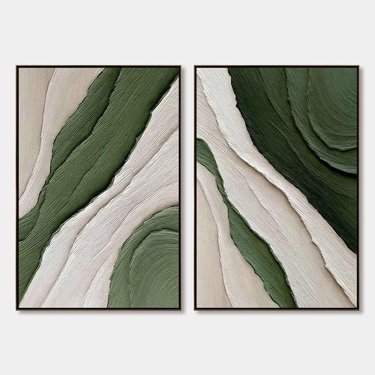 VERDANT FLOW: Textured Abstract Green and White Diptych Painting