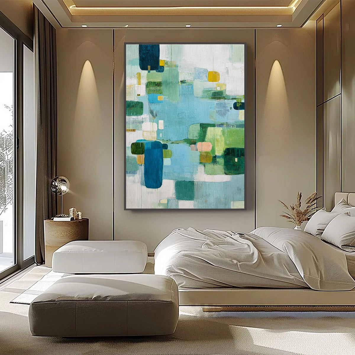 VERDANT MOSAIC: Vertical Modern Blue and Green Abstract Painting