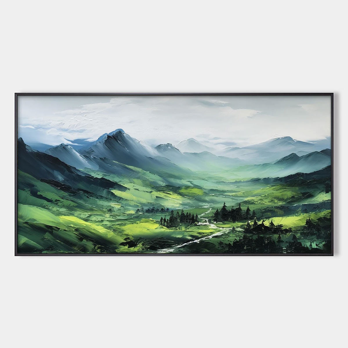 Verdant Valley Vista: Original Abstract Landscape Oil Painting - Textured Mountain Valley Wall Art Decor