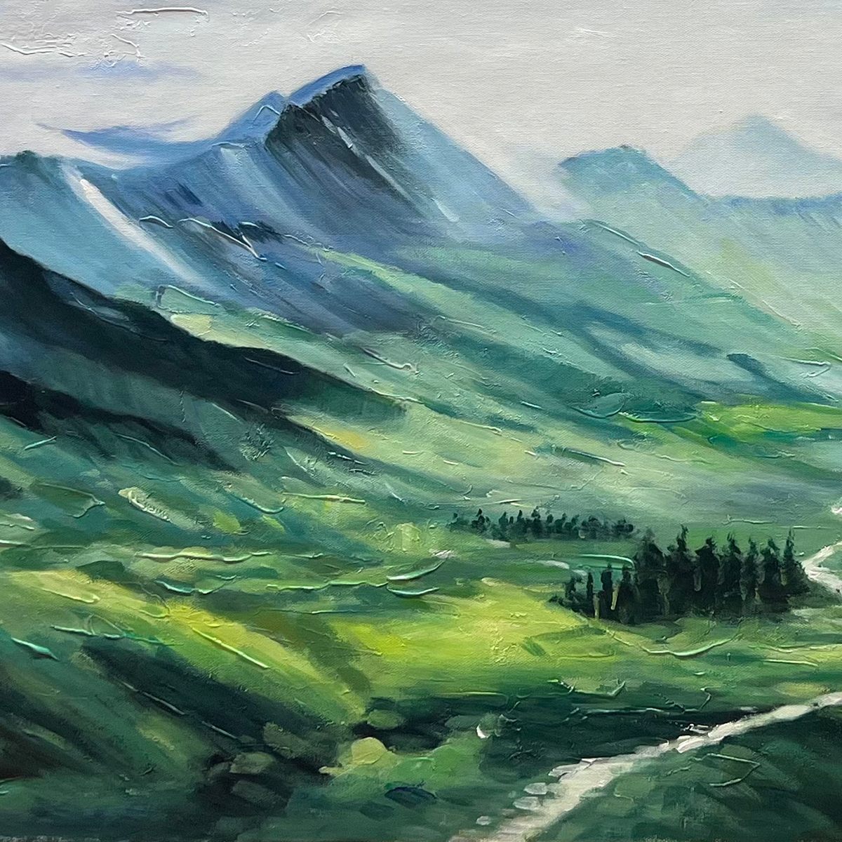 VERDANT VALLEY VISTA: Textured Abstract Landscape Oil Painting