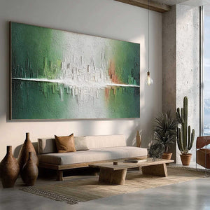 VERIDIAN REFLECTIONS: Textured Abstract Cityscape Reflection Painting