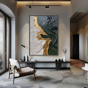 VERIDIAN RIFT: Large Vertical Textured Abstract Green and Gold Painting