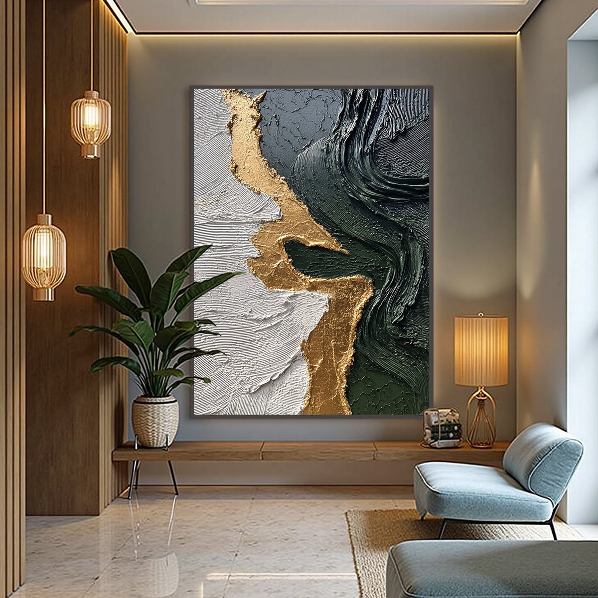VERIDIAN RIFT: Large Vertical Textured Abstract Green and Gold Painting