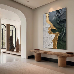 VERIDIAN RIFT: Large Vertical Textured Abstract Green and Gold Painting
