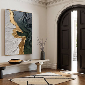 VERIDIAN RIFT: Large Vertical Textured Abstract Green and Gold Painting