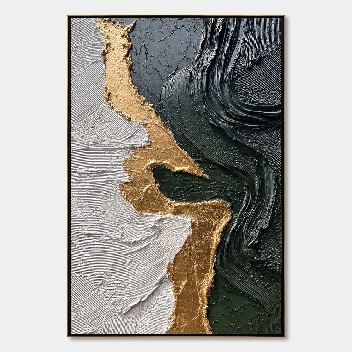 VERIDIAN RIFT: Large Vertical Textured Abstract Green and Gold Painting