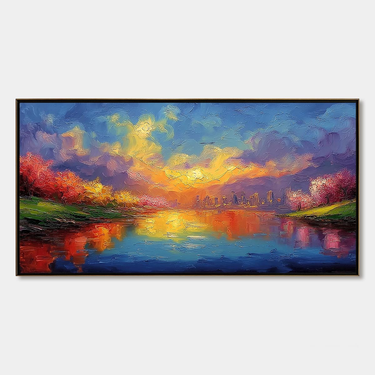 VIBRANT HORIZON: Textured Impasto Cityscape Sunset Painting