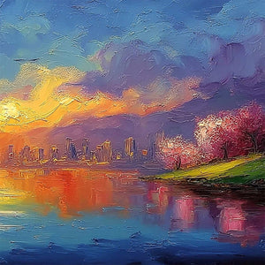 VIBRANT HORIZON: Textured Impasto Cityscape Sunset Painting