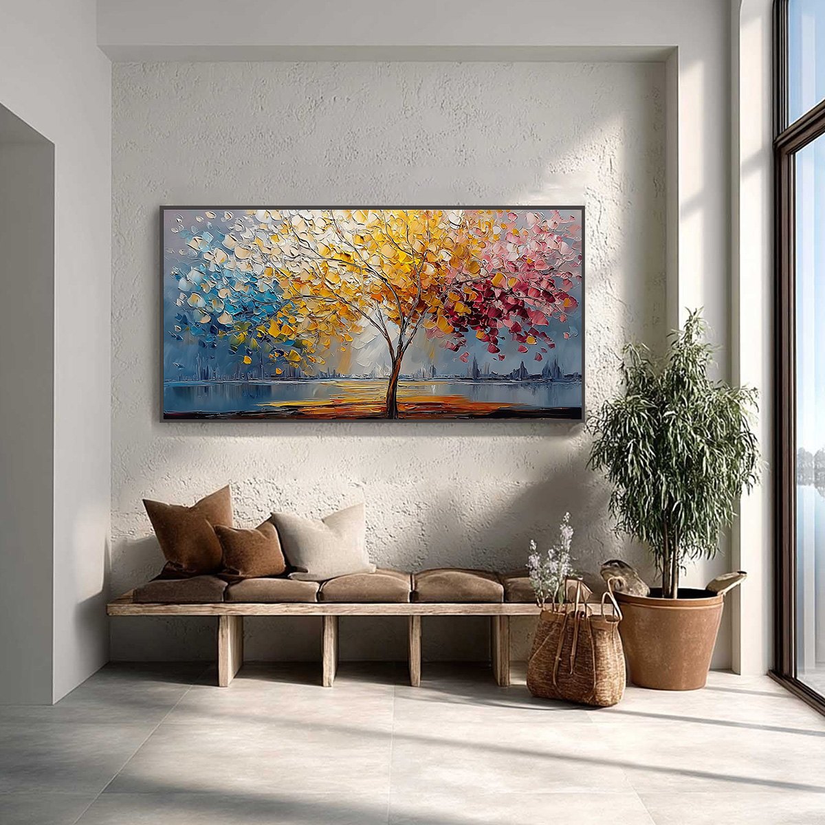 VIBRANT HORIZON: Textured Palette Knife Tree of Life Landscape Painting