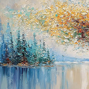 VIBRANT REFLECTIONS: Colorful Textured Impasto Forest and Lake Painting