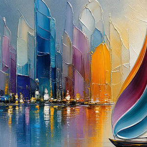 Textured abstract cityscape sailboat painting with colorful impasto skyline and reflections