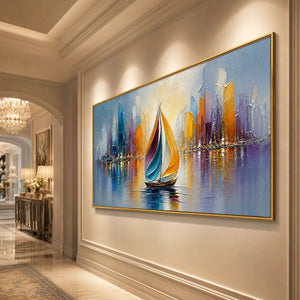 Textured abstract cityscape sailboat painting in gold frame, colorful modern wall art