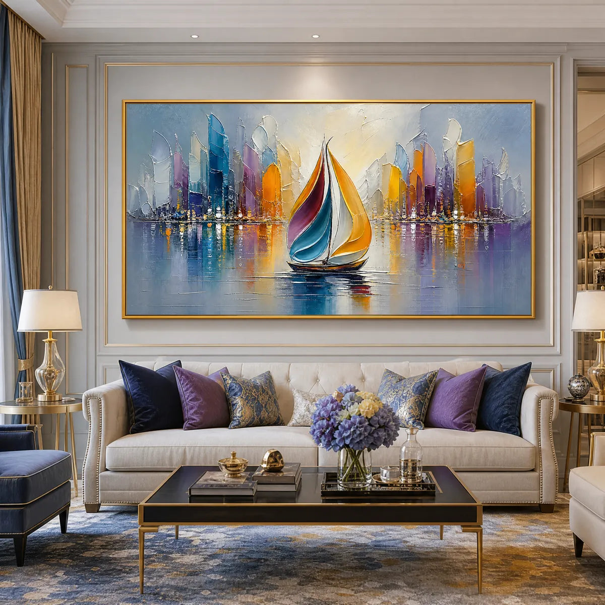 VIBRANT VOYAGE: Textured Abstract Cityscape Sailboat Painting