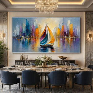 Textured abstract cityscape sailboat painting with colorful skyline and reflections