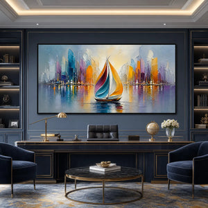 Textured abstract sailboat wall art with colorful city skyline