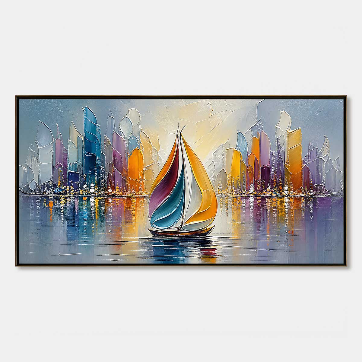 VIBRANT VOYAGE: Textured Abstract Cityscape Sailboat Painting