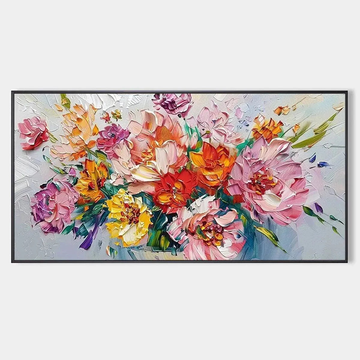 Textured impasto floral bouquet painting with vibrant pink, orange, red, and yellow flowers on a light gray background.