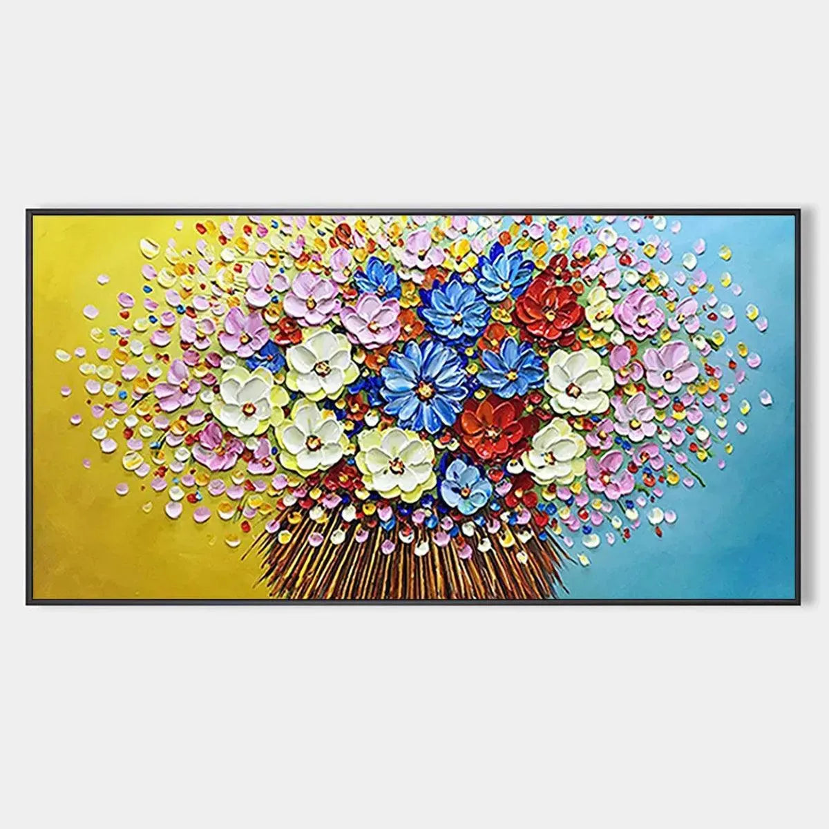 Textured impasto floral painting, VIBRANT BOUQUET with thick petals in blue, red, white, pink. Horizontal wall art.