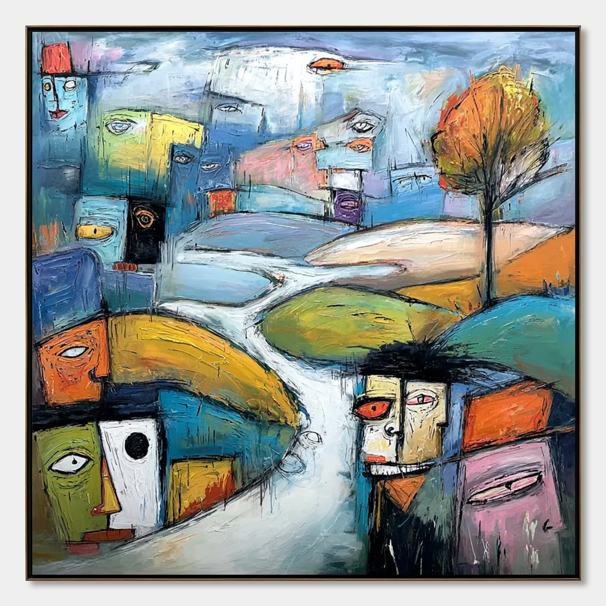 VILLAGE OF EYES: Colorful Abstract Figurative Cityscape Painting