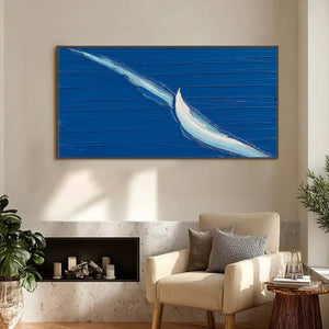 Minimalist abstract sailboat painting with thick impasto texture, original wall art