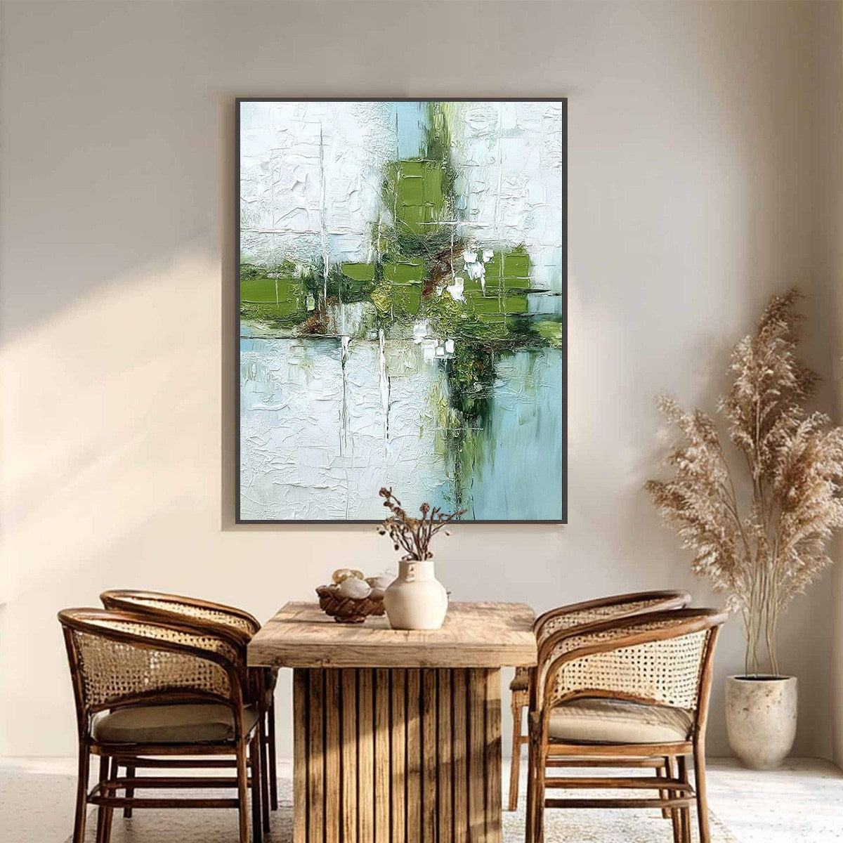 Verdant Echo | Green Abstract Textured Oil Painting for Wall