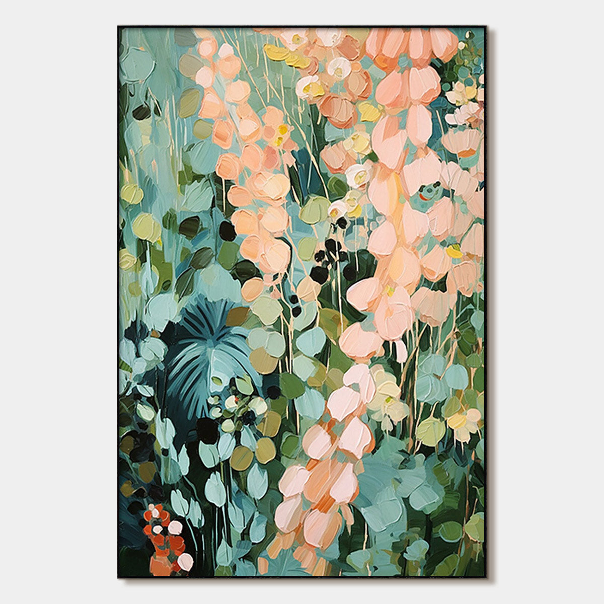 Secret Garden: Vertical Abstract Floral Painting | Textured Green & Pink Garden | Living Room, Bedroom, Dining Room