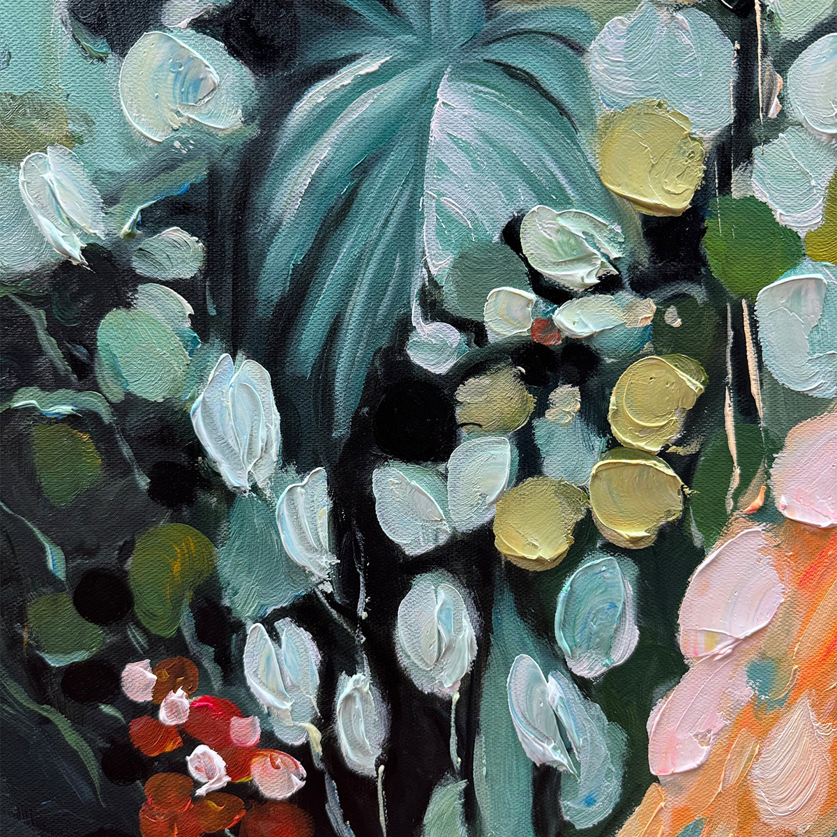 SECRET GARDEN: Vertical Abstract Floral Painting, Textured Green and Pink Garden, Living Room, Bedroom, Dining Room